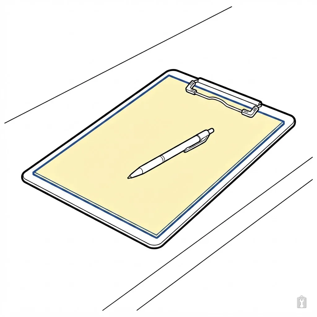 A clipboard holding a blank sheet with a pen laid across it on a service counter