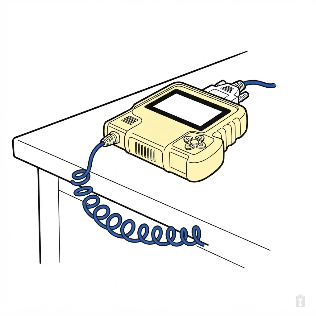 A handheld scan tool on a bench with its lead coiled below the edge and the connector hanging free