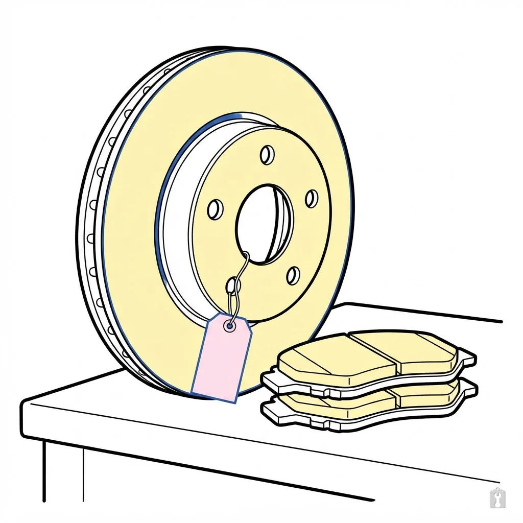 A brake rotor standing on edge with a blank price tag tied through its centre and a stack of pads beside it on a bench