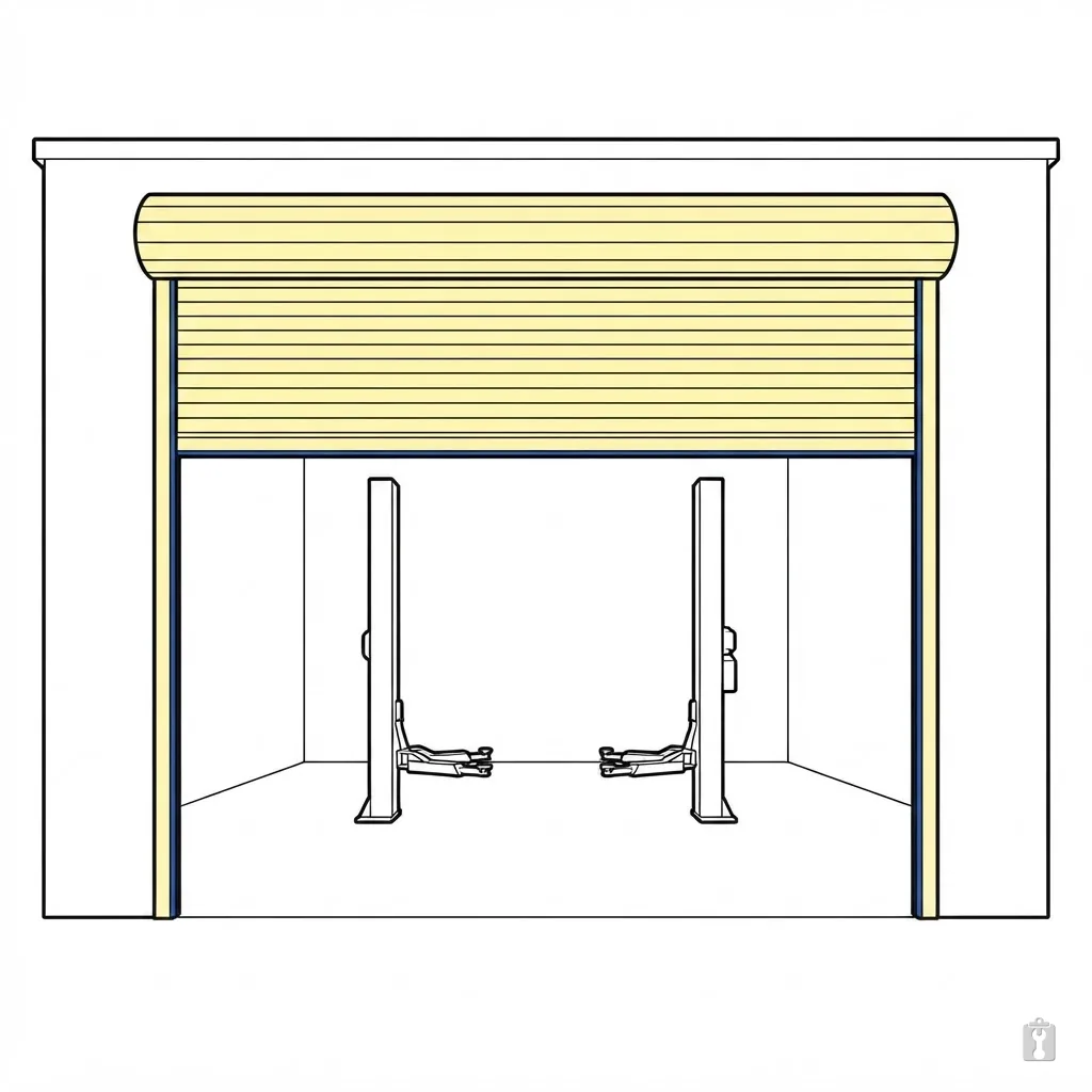 An open roll-up shop door with a bare two-post lift standing on the empty floor inside