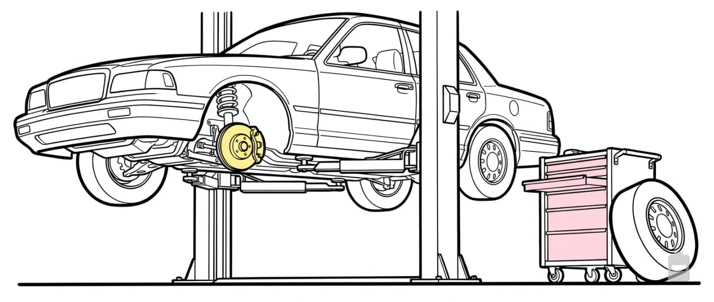 A sedan raised on a two-post lift with one front wheel removed and leaning beside a rolling tool cart, the brake rotor still on the hub